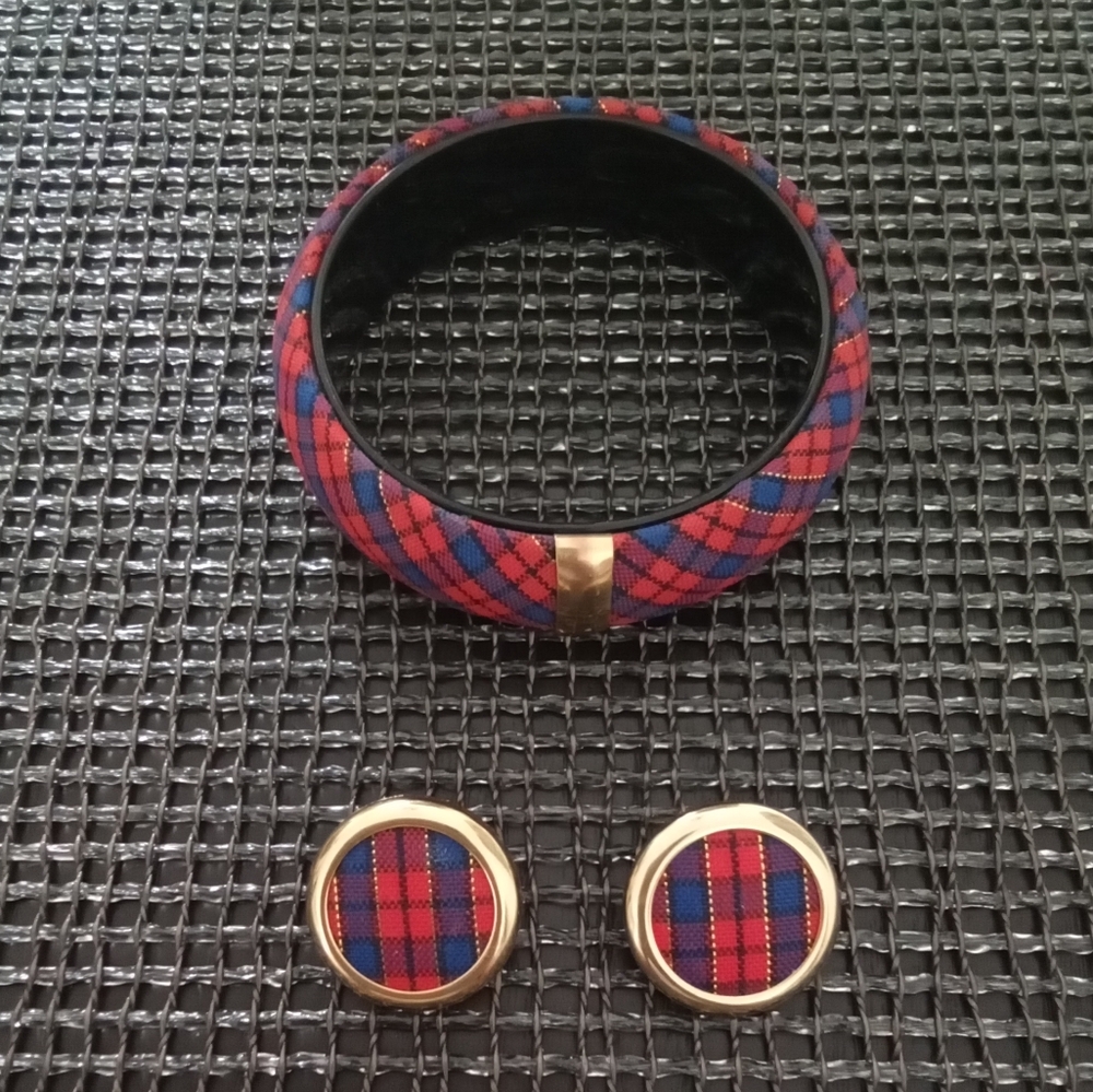 Tartan Plaid Red Blue Bracelet Earrings Set